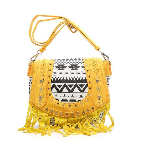 Sunflower Aztec Print Embroidery Flap Fringe Messenger Bag - CND