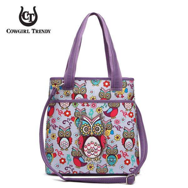 Purple Owl and Flowers Spring print Tote Handbag - OWLP 5462