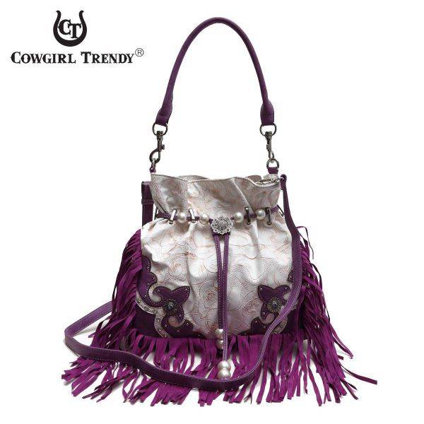 Purple Fringe And Engrave Accented Bucket Handbag