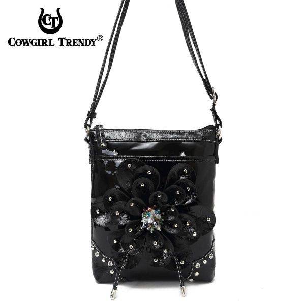 Black Flower Center Accented And Studs Messenger Bag - TUF 4699F