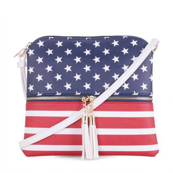 White US Flag Tassel Zipper Messenger Bag - XB2038