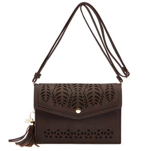 Coffee/Brown Laser Cut Embo Flap Over Messenger Bag - FCUS 6707