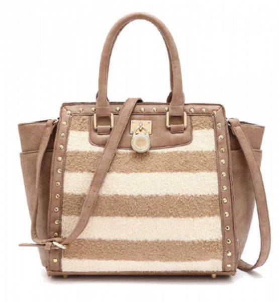 Tan Two Tone Stripe Fur Inspired Satchel Handbag - FST 1507