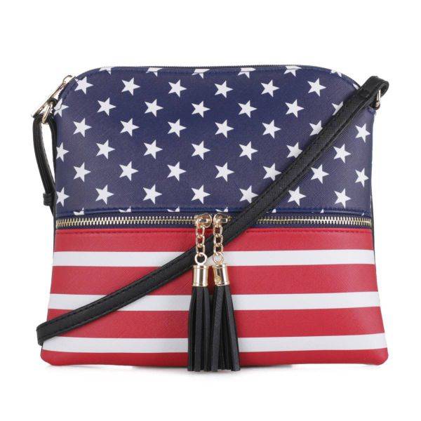 Black US Flag Tassel Zipper Messenger Bag - XB2038